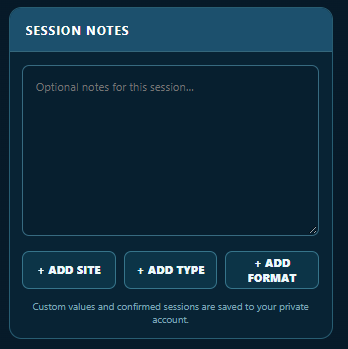 Current MTT session controls for adding a site, tournament type and format