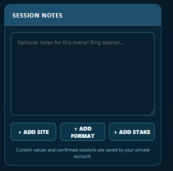 Current Ring session controls for adding a site, format and stake