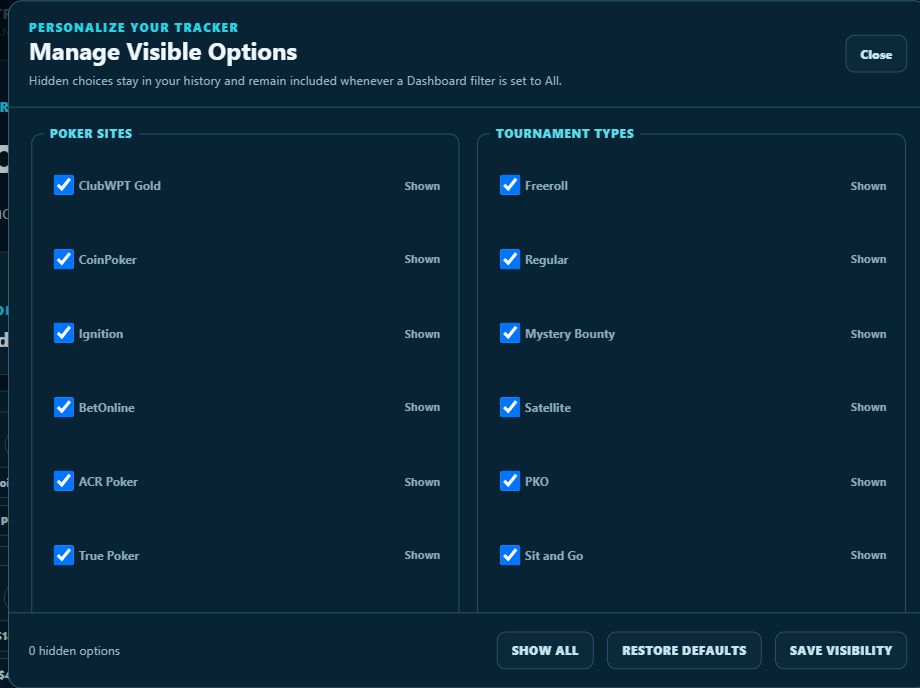 Current Manage Visible Options dialog with poker sites and tournament types marked Shown, zero hidden options, and Show All, Restore Defaults and Save Visibility controls