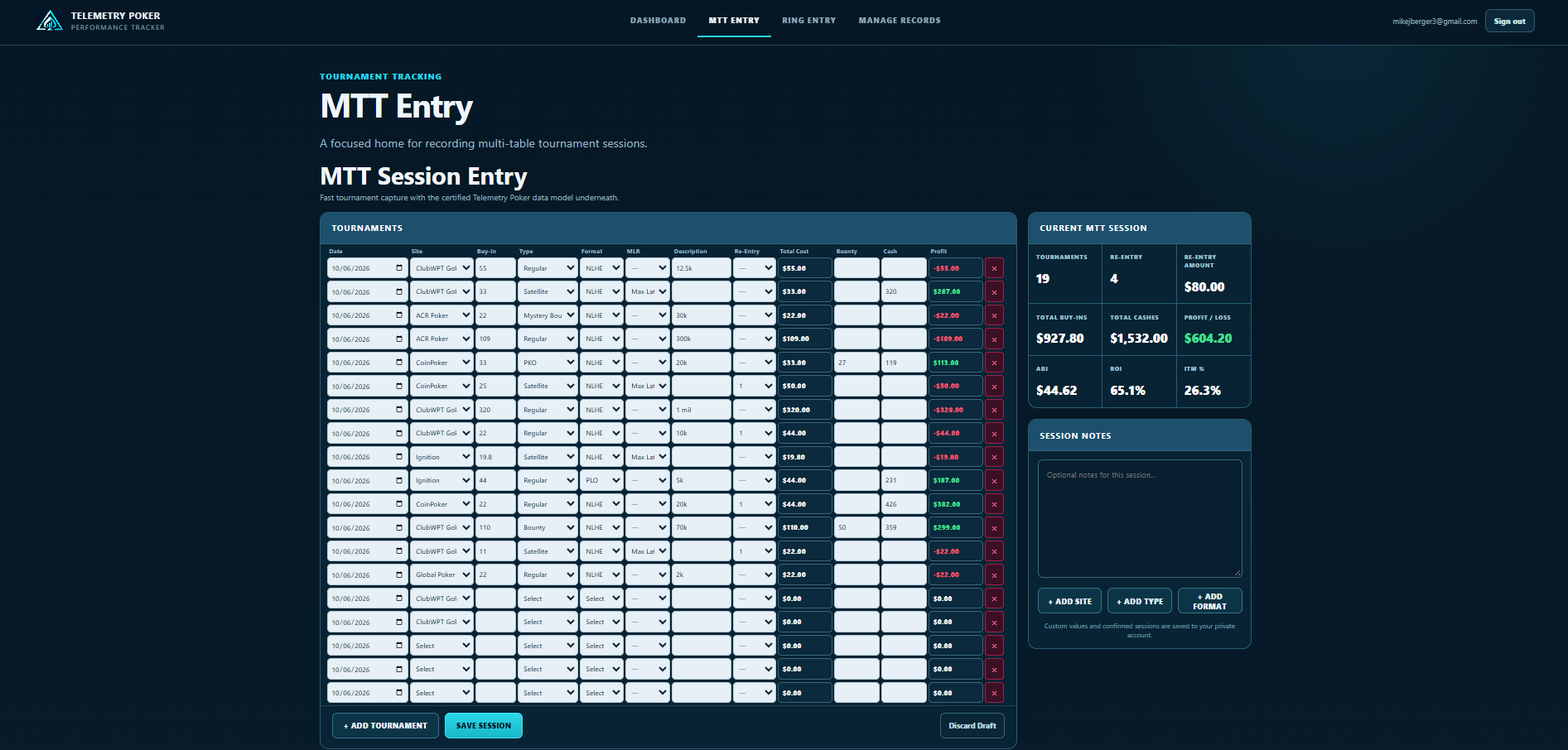 Current Telemetry Poker MTT Entry screen with tournament fields and live session totals
