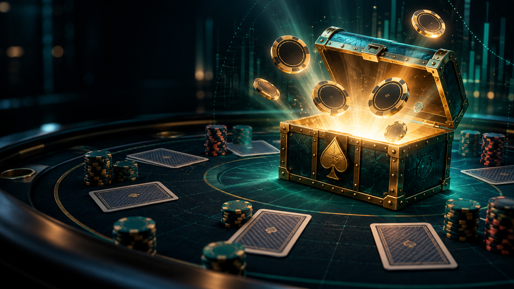 Glowing mystery bounty chest above a poker table