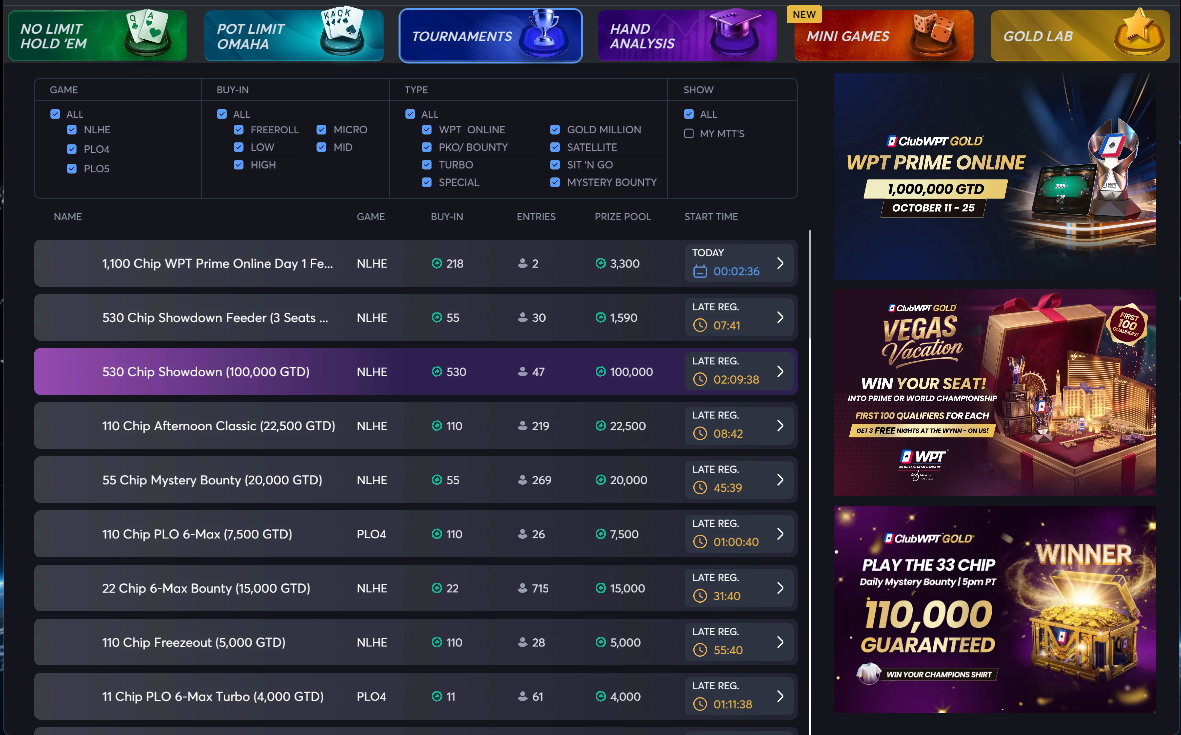 ClubWPT Gold tournament lobby showing a 22-chip 6-Max Bounty with 715 entries