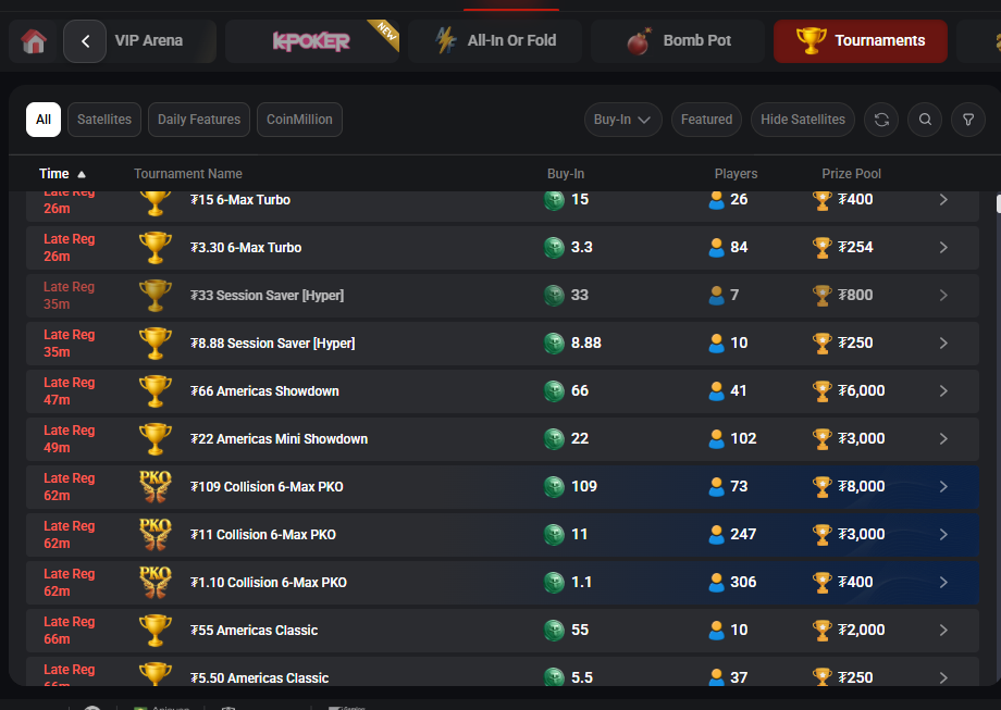 CoinPoker tournament lobby showing the 22-chip Americas Mini Showdown with 102 players