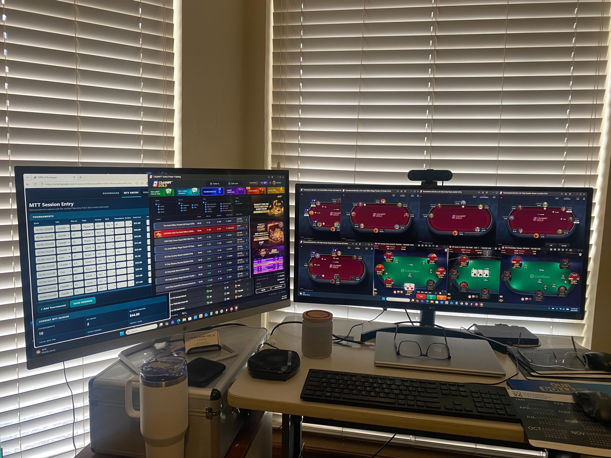 Two-monitor online poker setup showing eight tournament tables, a tournament lobby, and the Telemetry Poker session-entry screen