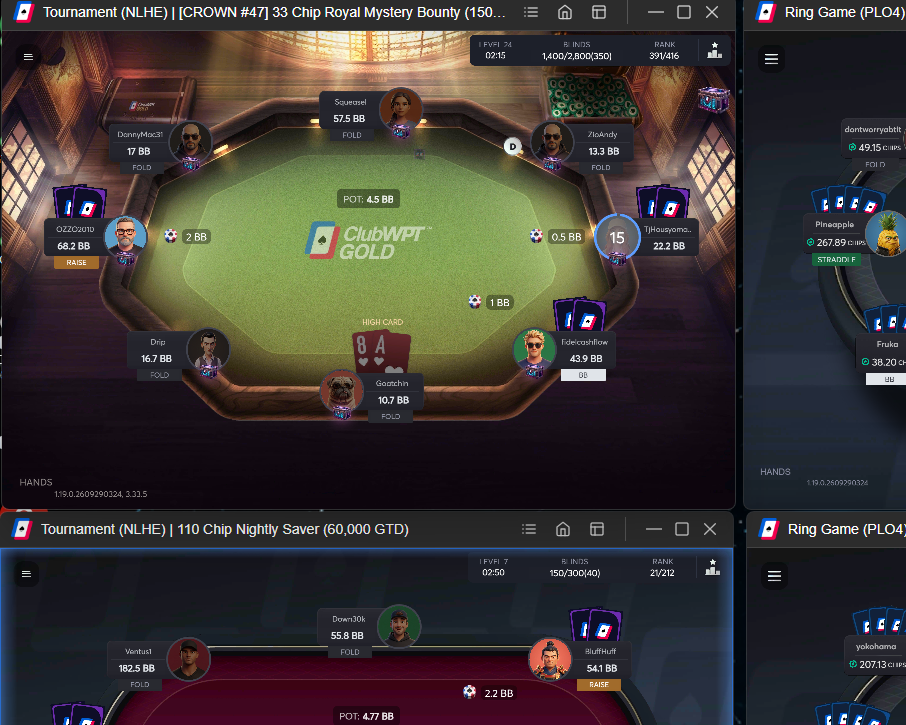 Privacy-protected view of a genuine ClubWPT Gold mystery bounty tournament table, with the bottom-right player identity and stack obscured