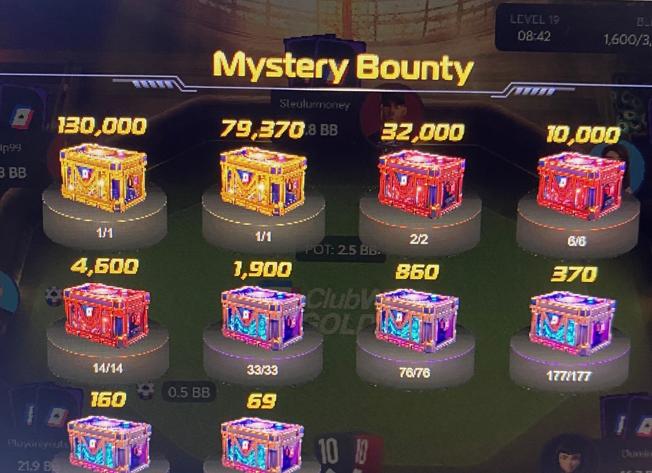 Authentic ClubWPT Gold bounty board crop showing prize values and chest counts