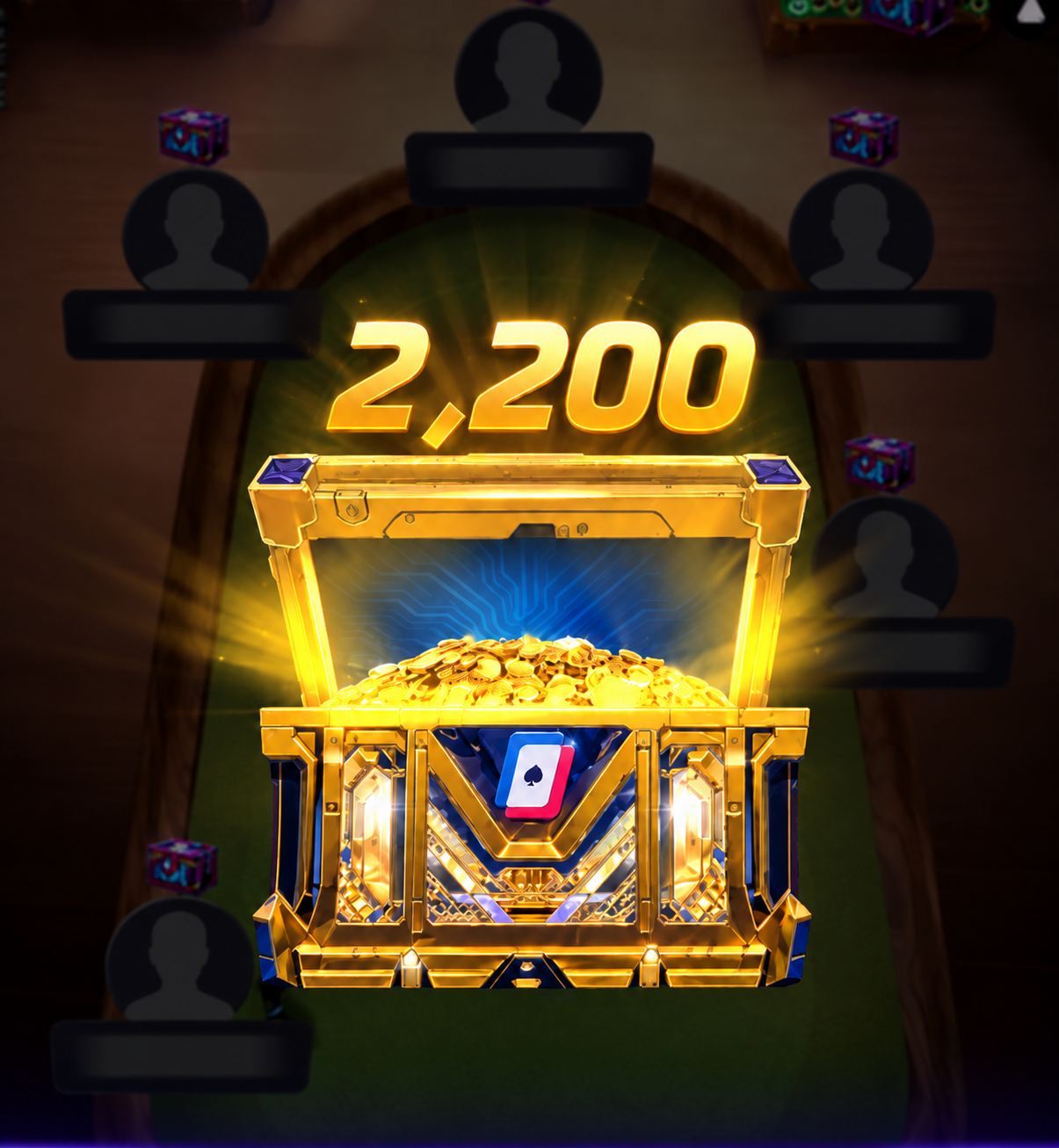 AI-generated illustration of a 2,200 mystery bounty reveal above a gold-and-blue open chest with blank player nameplates and anonymous silhouettes